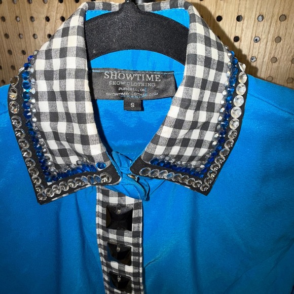 Showtime Show Clothing Western Showmanship Shirt Gingham Crystals Blue S - Picture 1 of 6